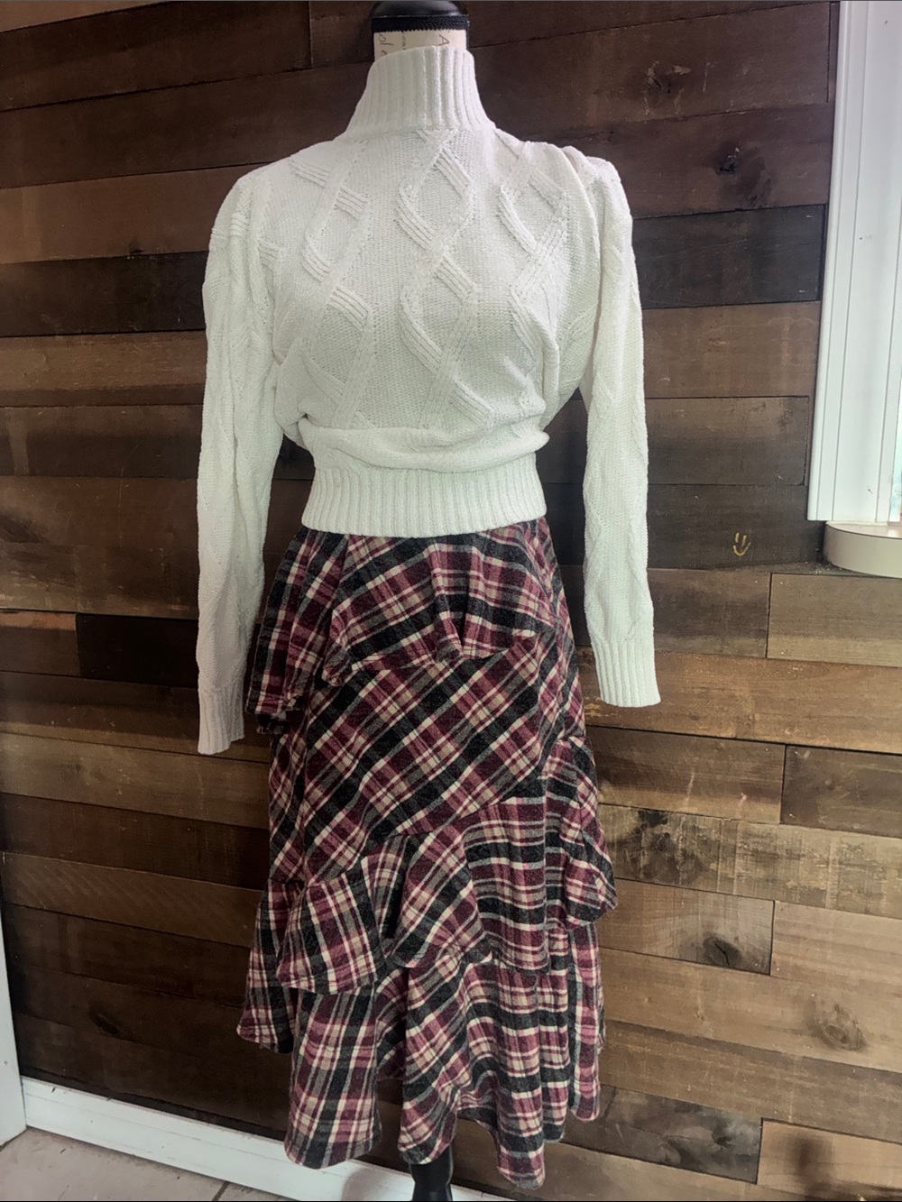 Plaid Ruffle Midi Skirt - Red Plaid